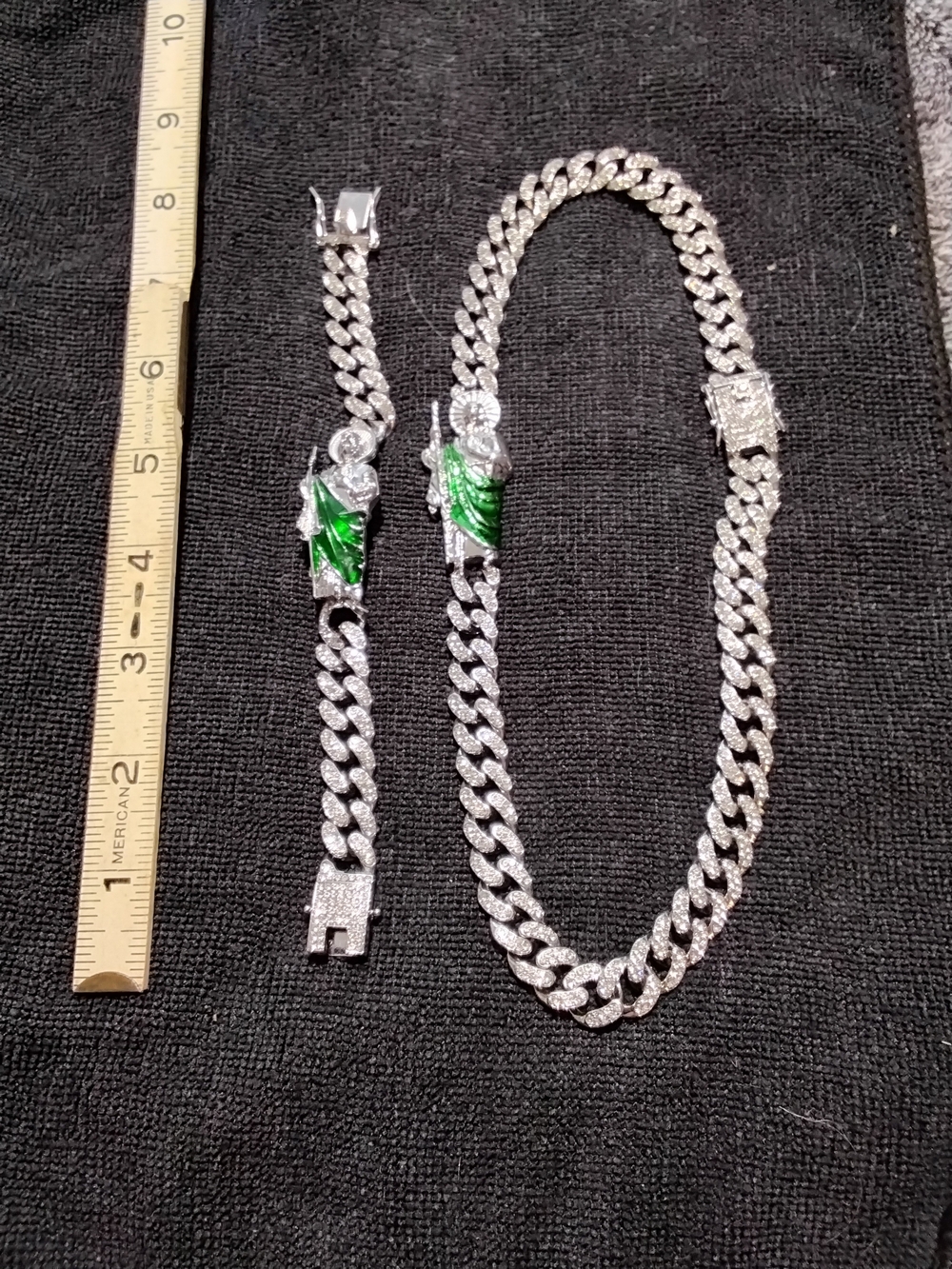 Others Follow Silver Cuban Link Necklace and Bracelet Set with Green Accents